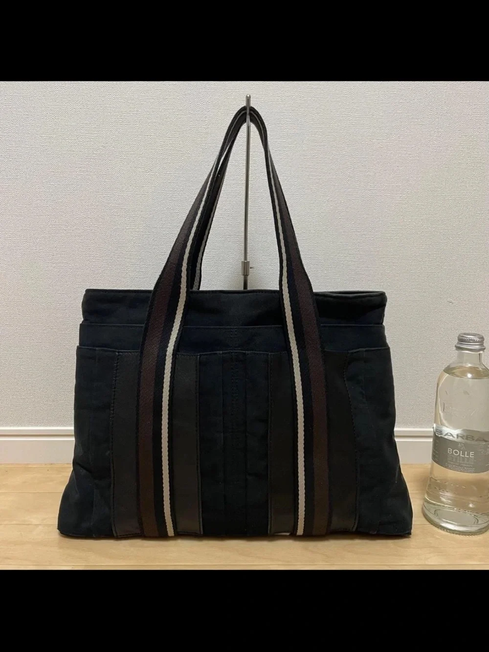 Hermes Black Tote with Striped Webbing Handles